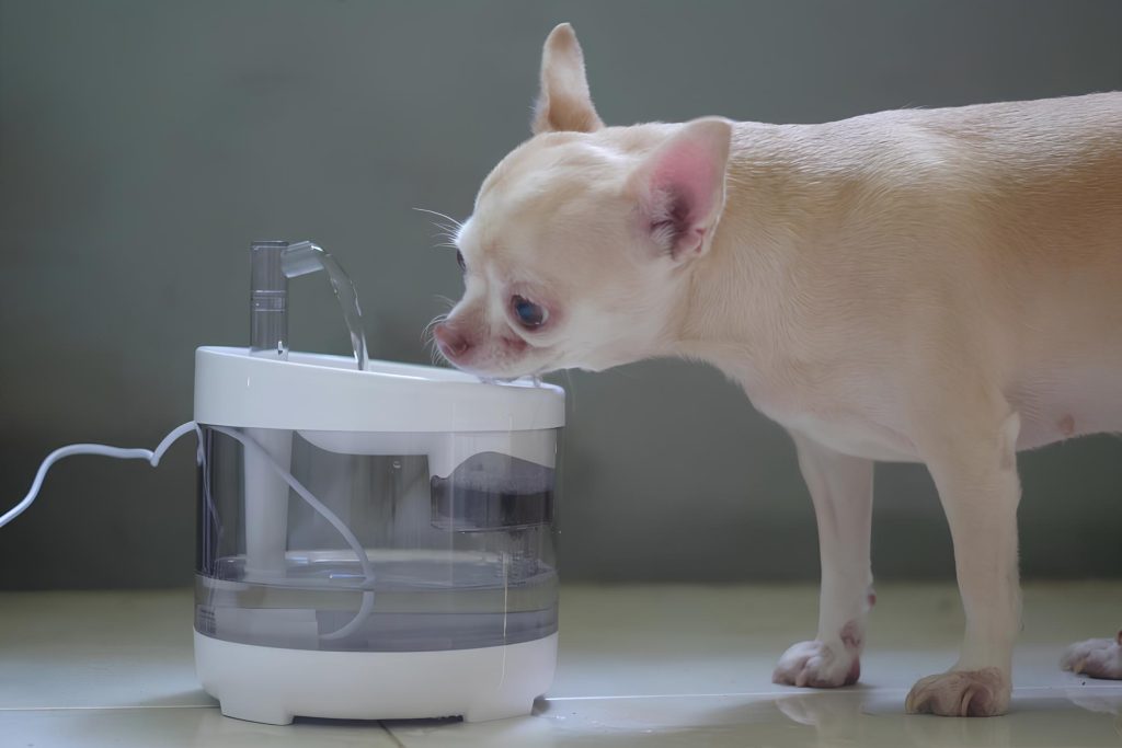 um cachorro tomando água em um bebedouro elétrico para cães e gatos.
