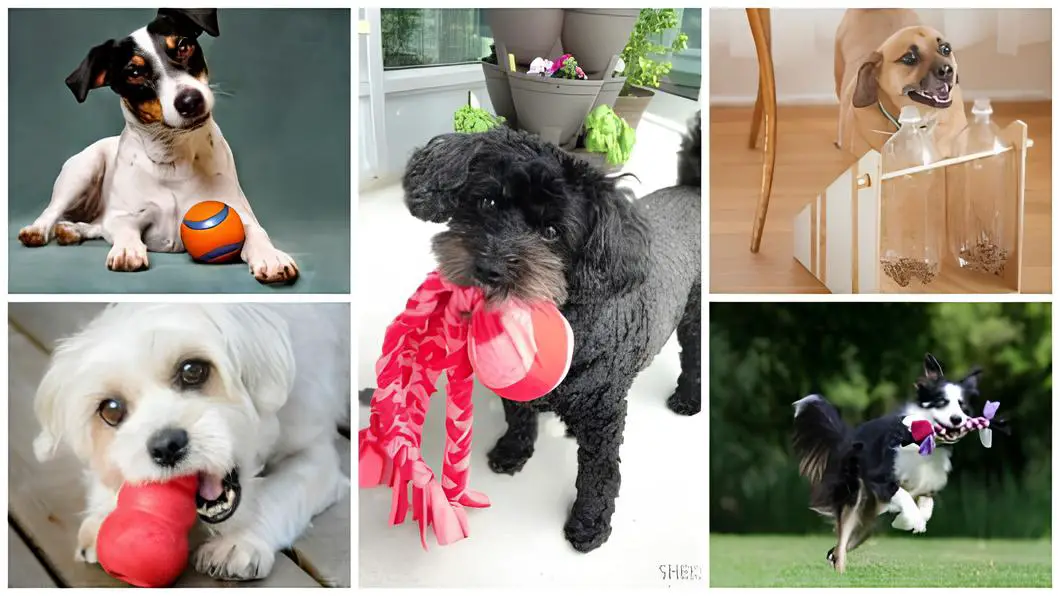 cachorro de raças diferentes com brinquedos pets feitos em casa.