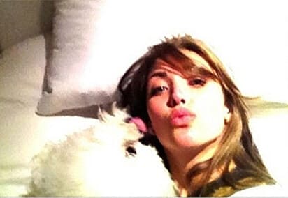 um lulu da pomerânia deitado com sua tutora.