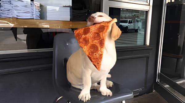 um cachorro com um pedaço de pizza na boca, alimento proibido para cachorro