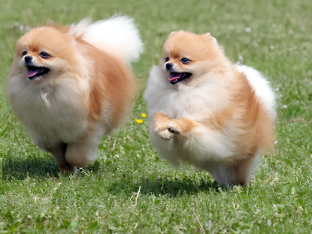 dois lulus da pomeranias em um gramado, um deles esta mancando.