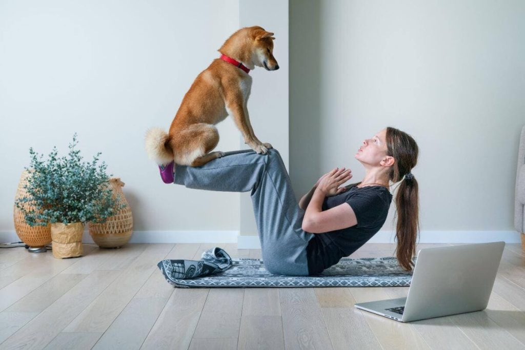 uma mulher fazendo yoga com seu cachorro nas suas pernas.