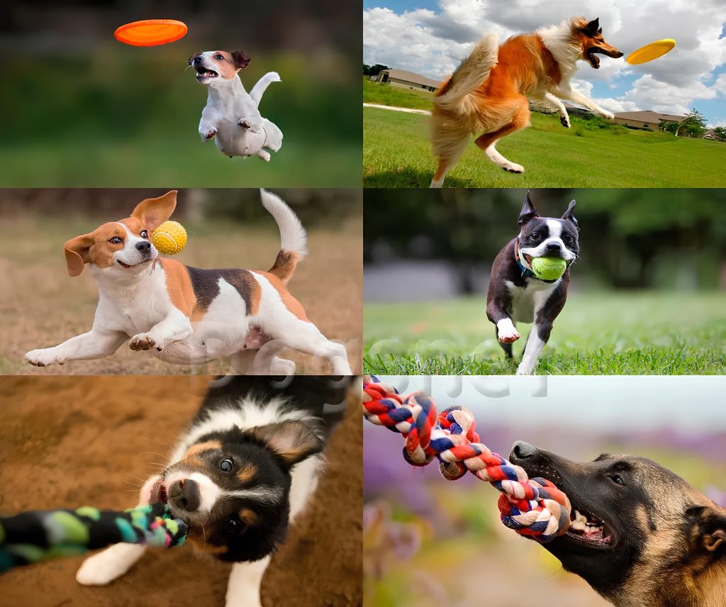 vários cachorros de raças e tamanhos diferentes brincando com brinquedos pets.