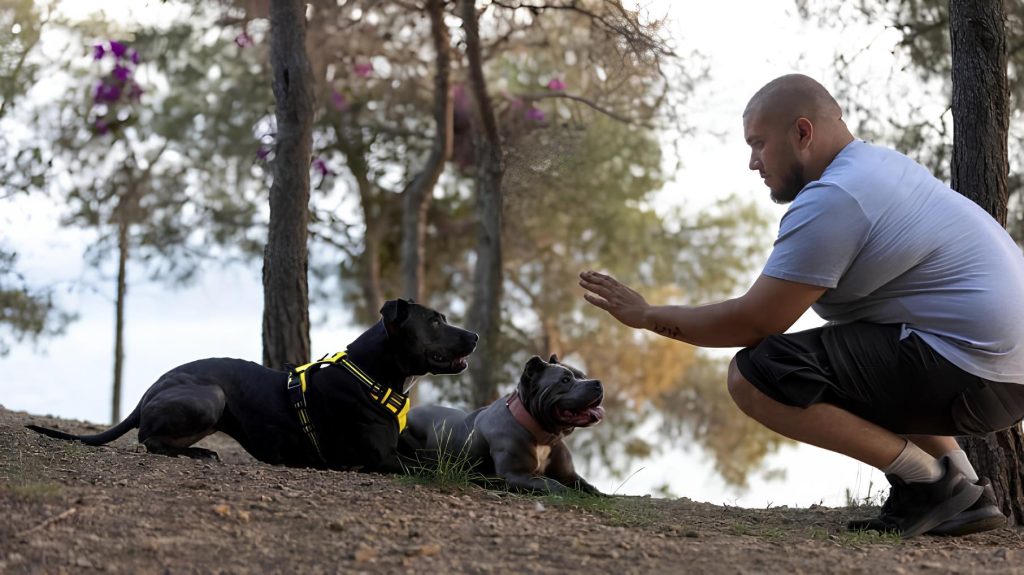 um homem adestrando dois cachorros em um parque.