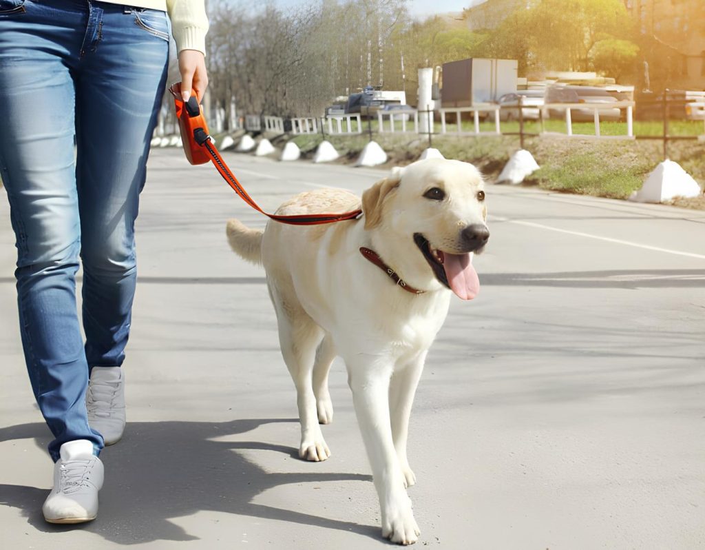 uma pessoa passeando com cachorro na coleira.