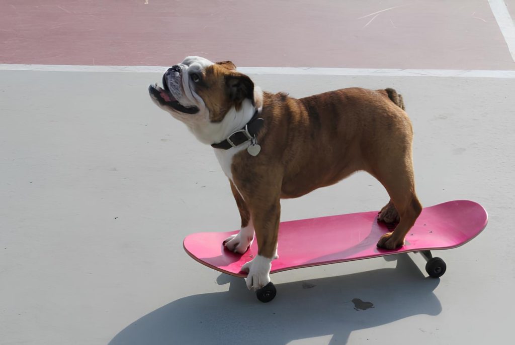 um cachorro em cima de skate.
