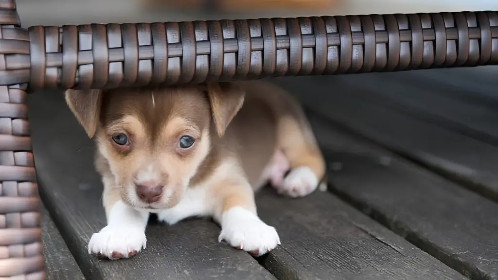 um cachorro filhote com medo de visitas escondido embaixo de uma cadeira.
