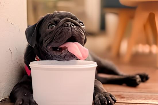 um cachorro deitado bebendo água.