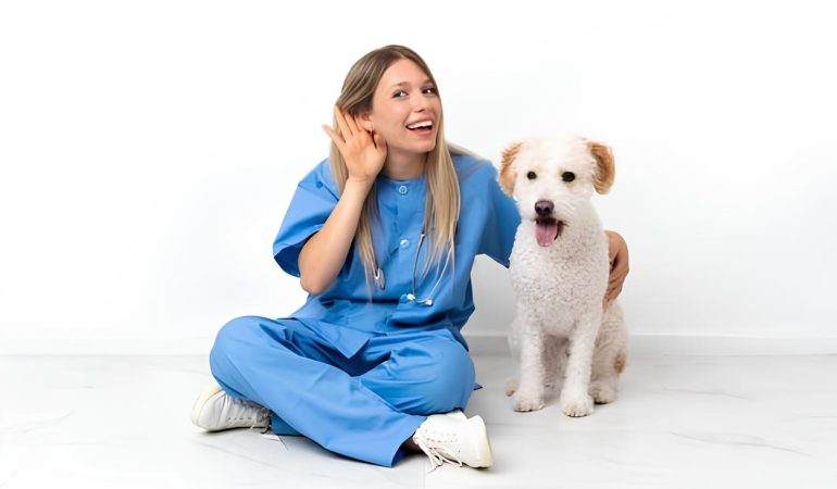 uma veterinária sentada ao chão com um cachorro surdo.
