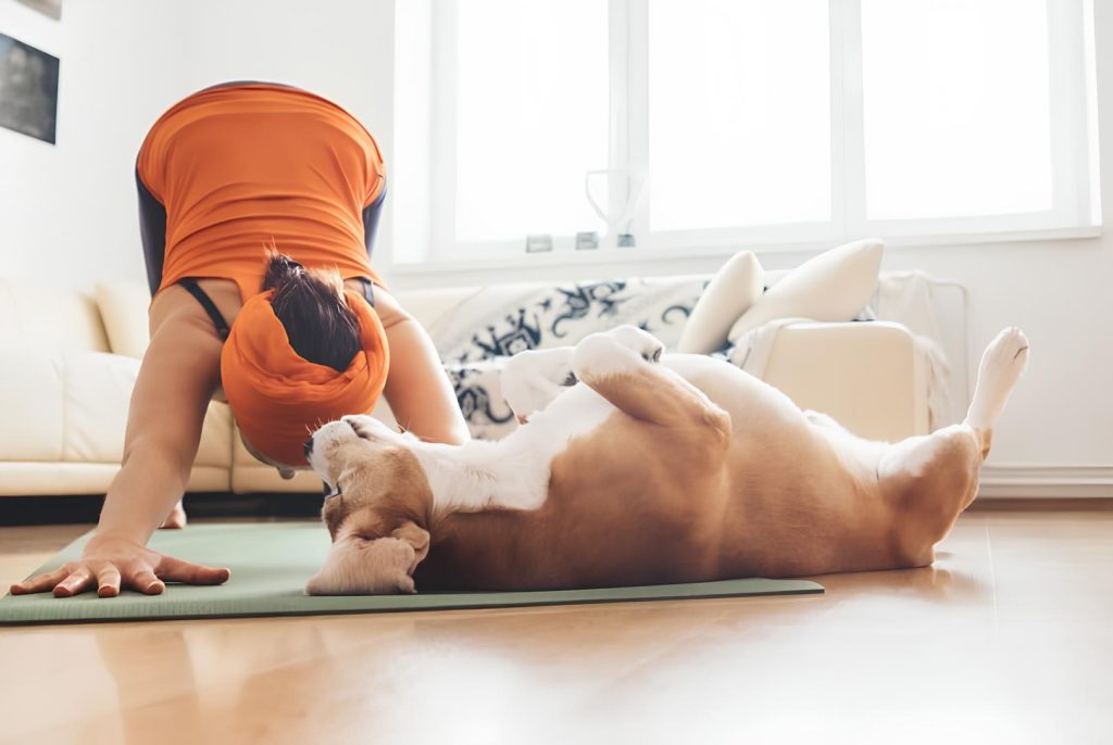 uma mulher iniciando uma aula de yoga com seu cachorro ao lado.