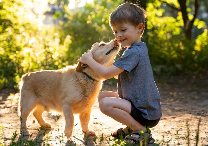 um cachorro e uma criança em um bosque juntos .