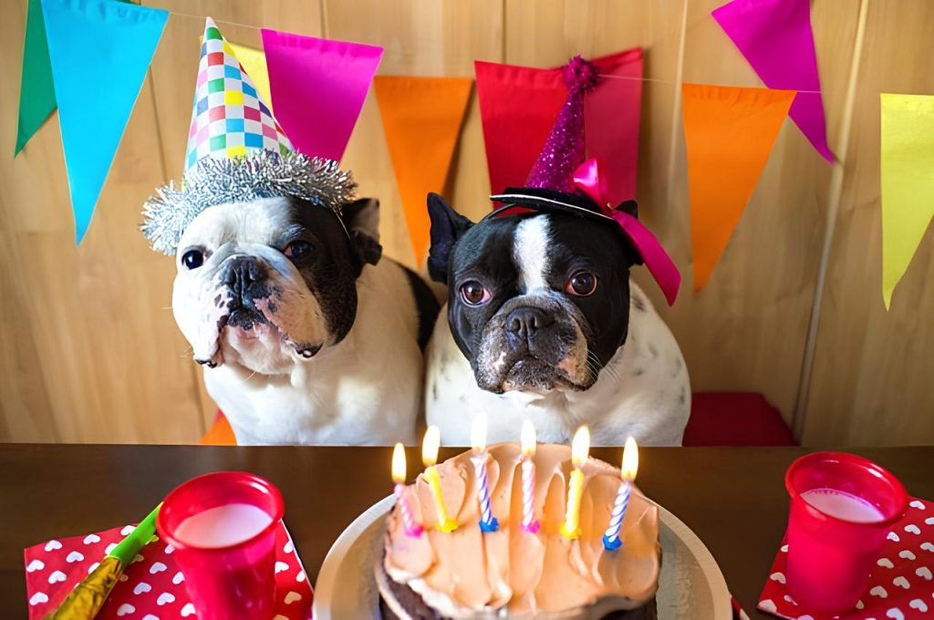 dois cachorros sentados em um banco cantando parabéns.