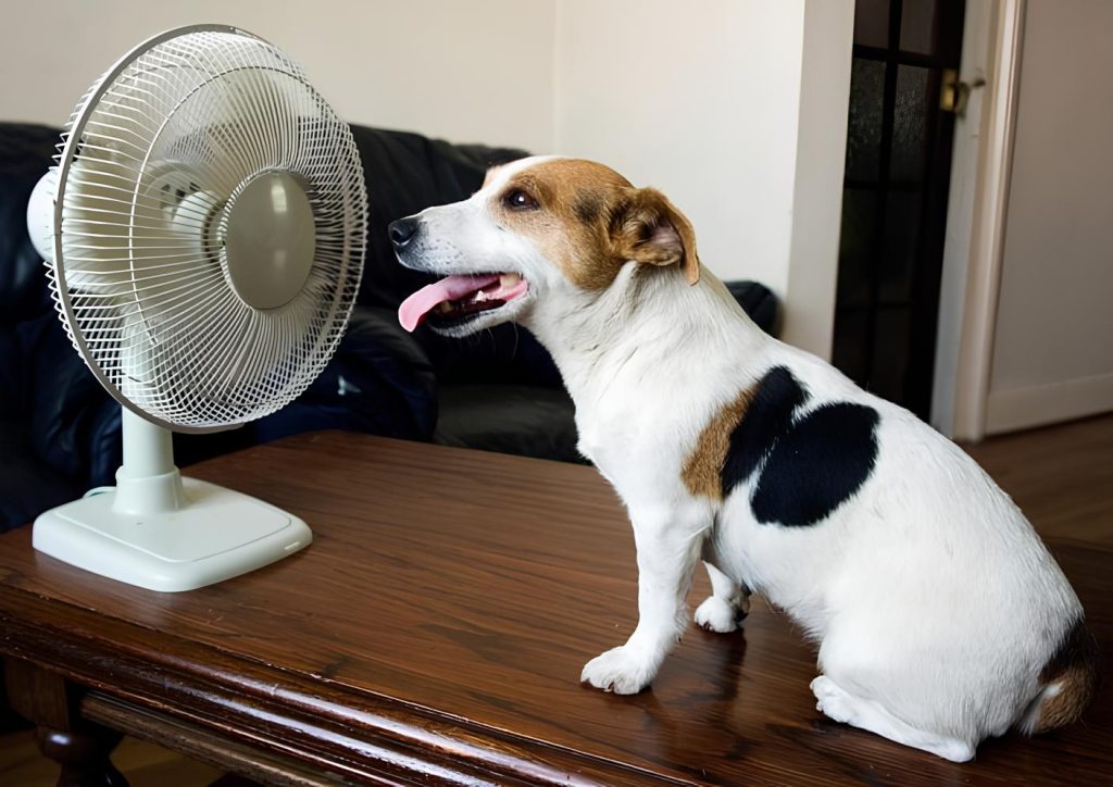 um cachorro se refrescando em frente a um ventilador.