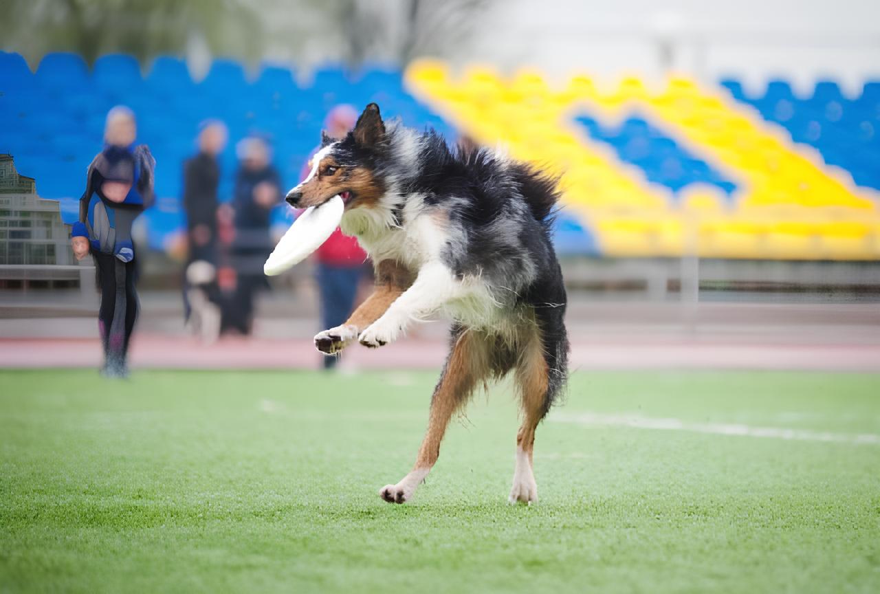 um cachorro jogando frisbee em um campo.