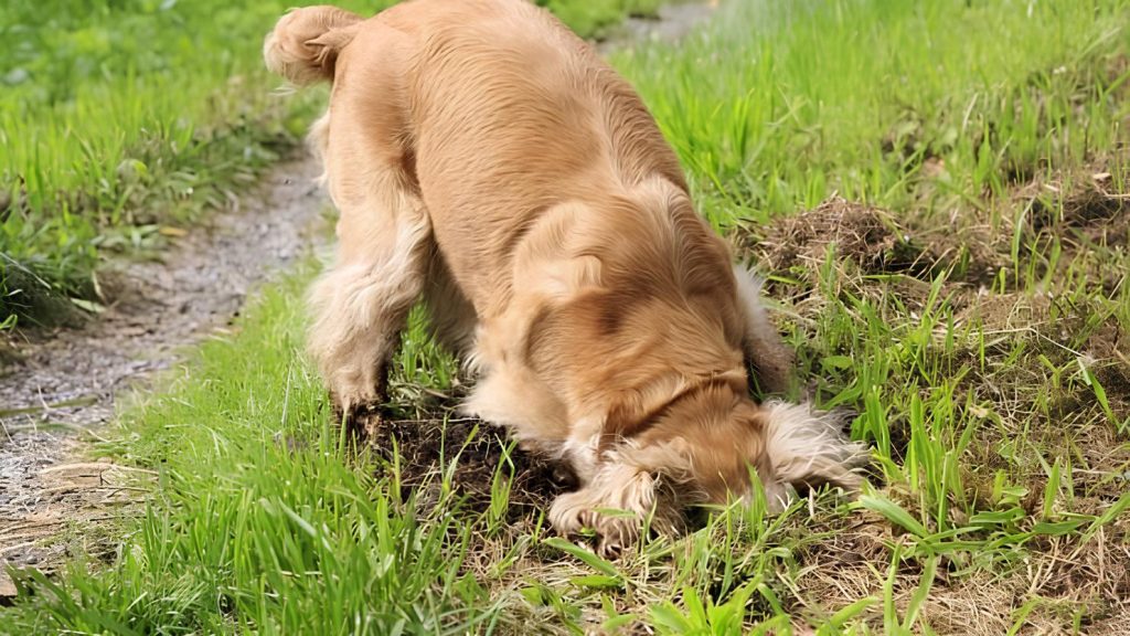 um cachorro cavando um buraco em um gramado.