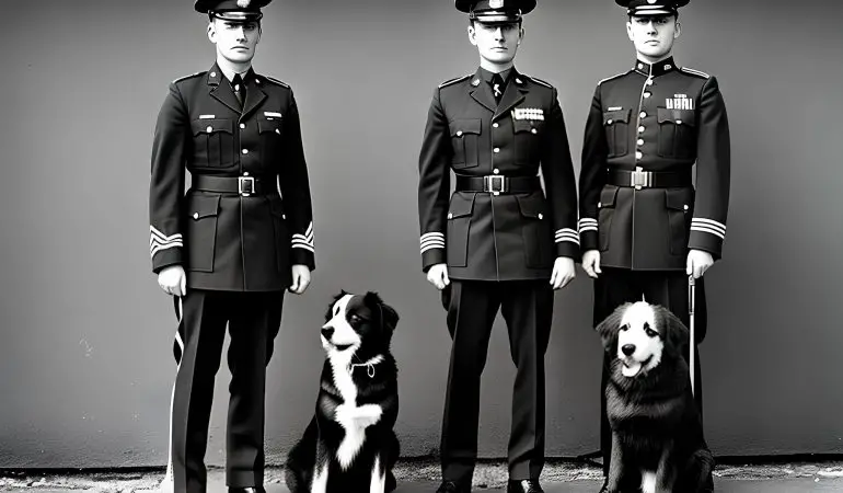Três soldados com seus cahorros.