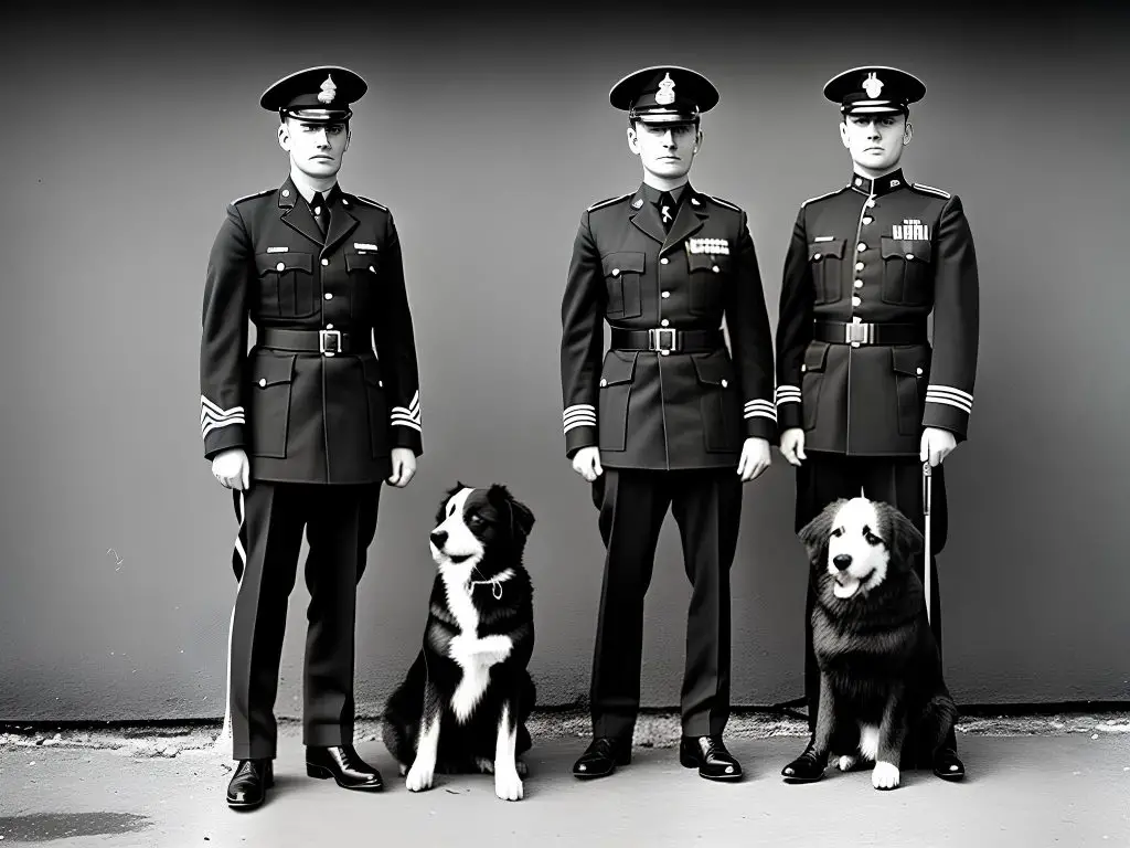 três soldados com seus cachorros antigamente.