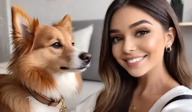 uma moça junto tirando foto com um cachorro para redes sociais.