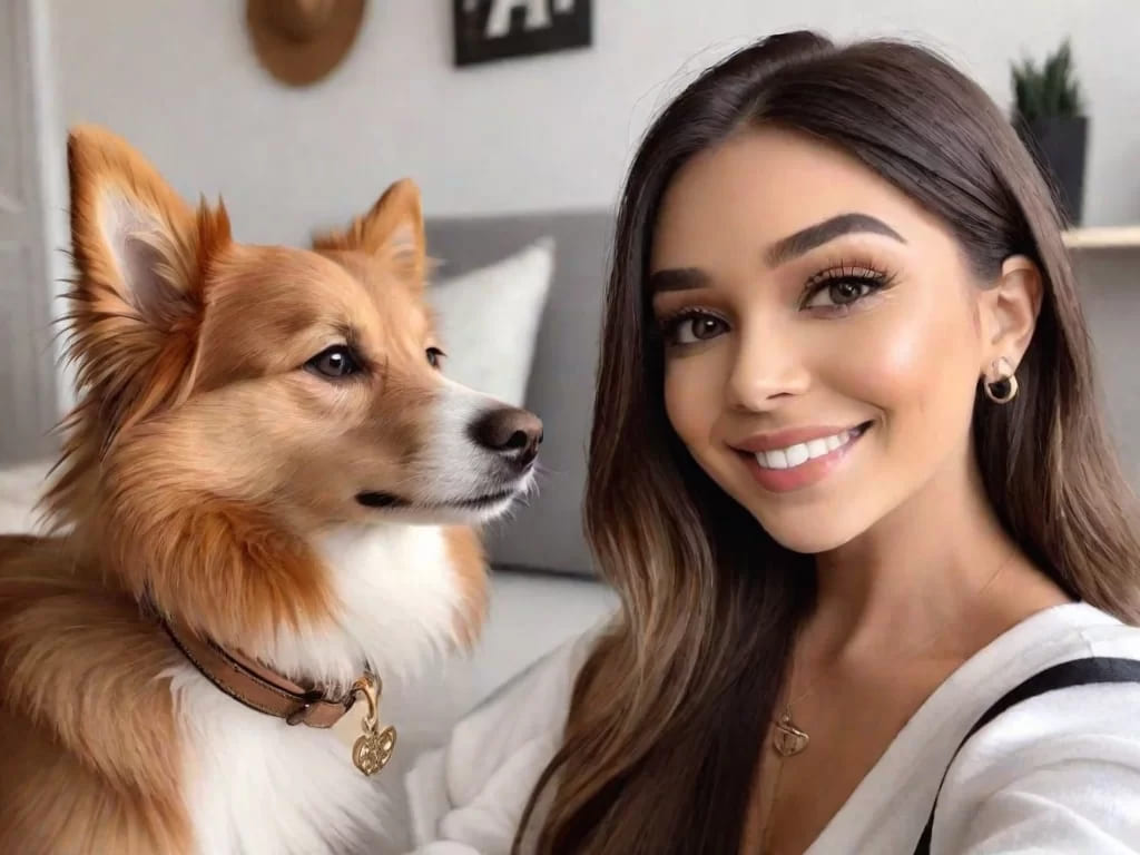 uma mulher com um cachorro tirando fotos para rede social, pois ele é um pet influencer.