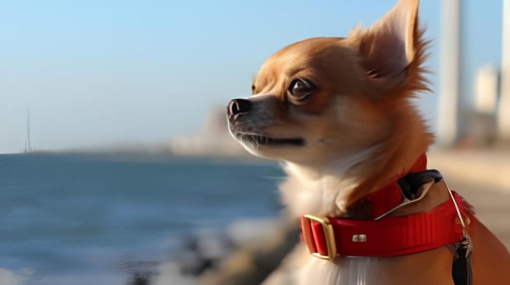 um cachorro da raça Chihuahua usando uma coleira própria para sua idade.