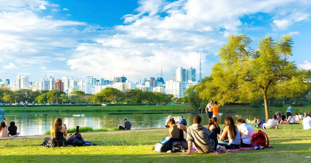 várias pessoas passeando e descansando no parque de Ibirapuera em São paulo.