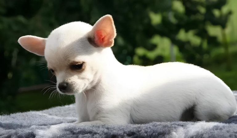 um cachorro da raça chihuauhua cabeça de maçã deitado em cima de uma pedra.
