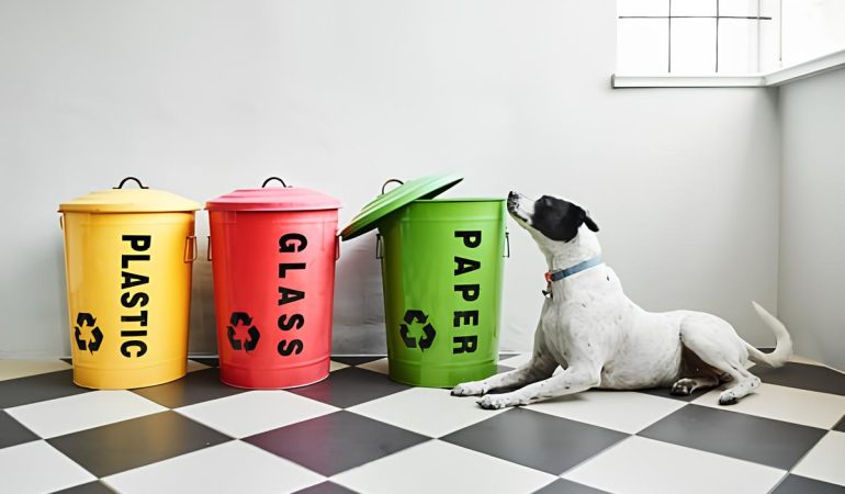 um cachorro deitado e ao seu lado três latas de lixos grandes.