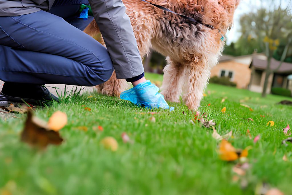 um cachorro em um gramado e sua tutora ao seu lado recolhendo suas fezes em um saco ecológico.