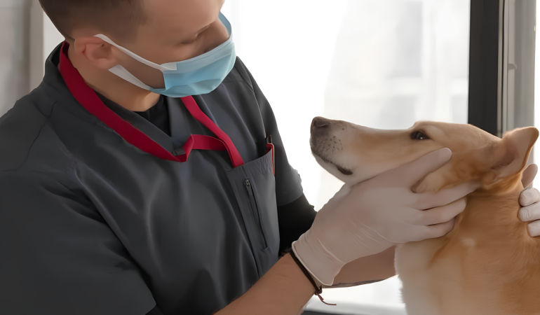 um veterinário consultando um cachorro que esta com alergias.