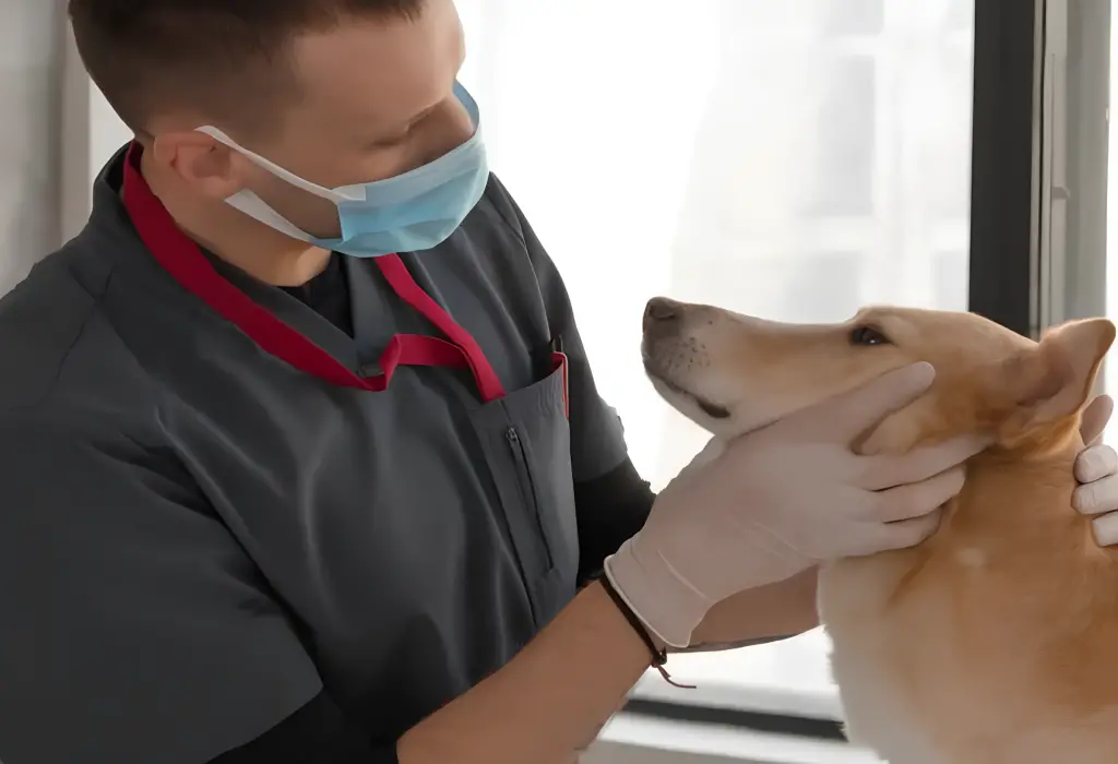 um veterinário examinando um cachorro que esta com alergias.