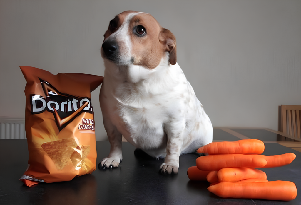 um cachorro obeso sentado de um lado cenouras e do outro um salgadinho da marca doritos.