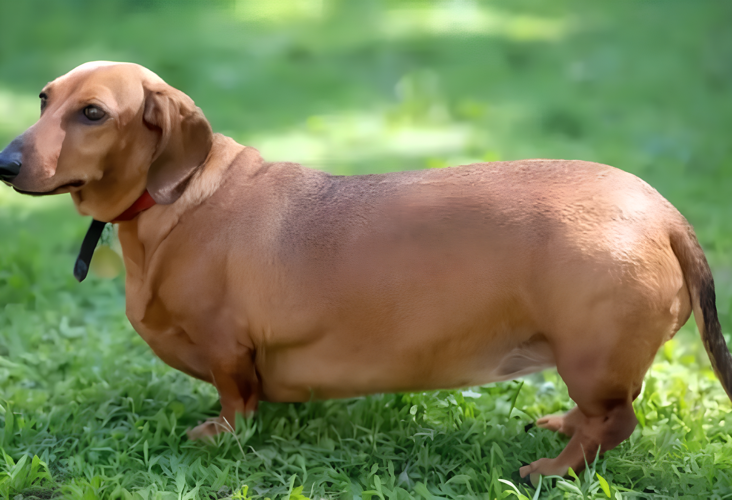 um cachorro salsicha com problema de obesidade em um gramado passeando.