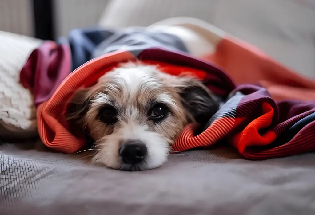 um cachorro deitado com um cobertor se protegendo do frio.