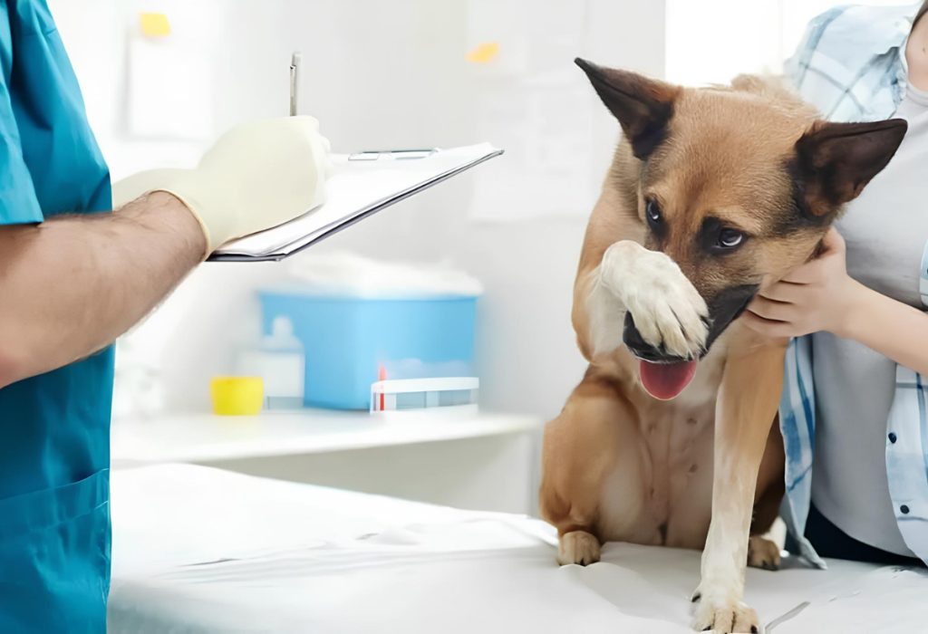 Um cachorro em uma maca de um consultório veterinário, o cachorro está com medo.