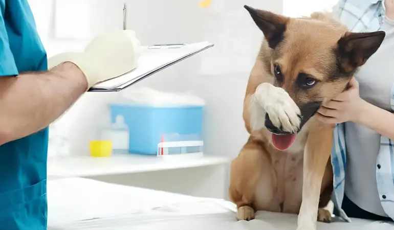 Um cachorro em um consultório veterinário com medo.