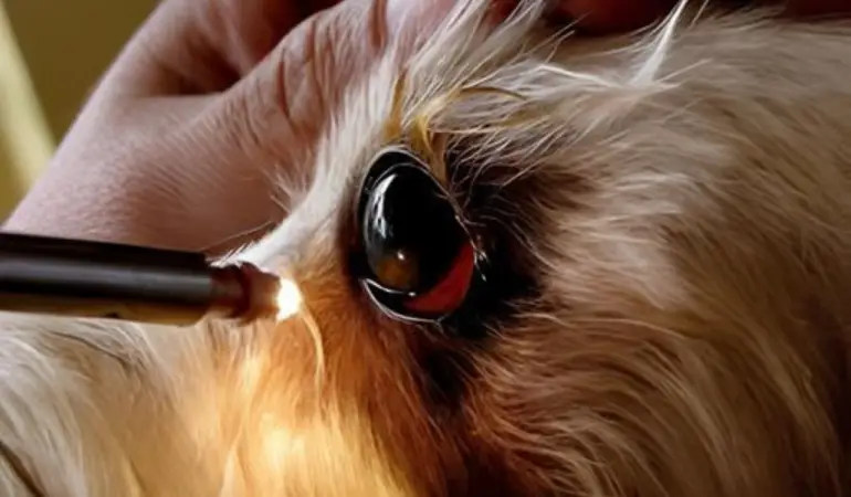 Um cachorro examinando os olhos.