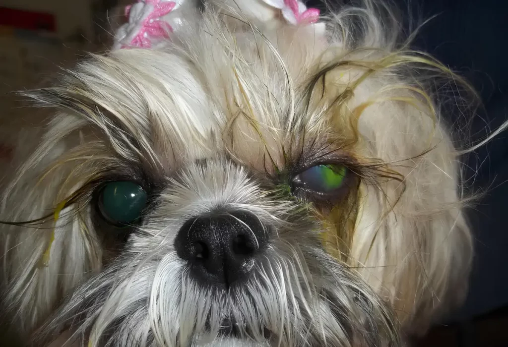 um cachorro da raça shih tzu com  ceratite pigmentar.