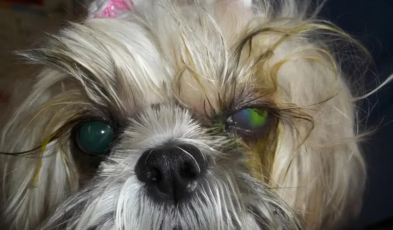 Um cachorro da raça Shih Tzu ceratite pigmenta.