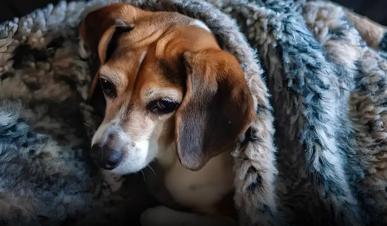 um cachorro idoso enrolado em uma coberta em um dia de frio.