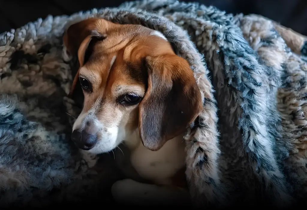 um cachorro idoso enrolado em uma coberto em um dia de frio.