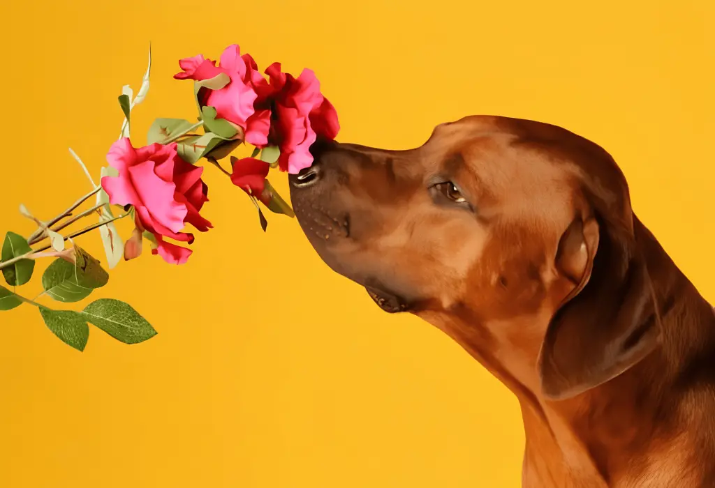 um cachorro cheirando uma flor.