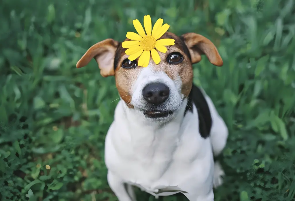 um cachorro vira lata sentado em um gramado com um flor em sua testa 