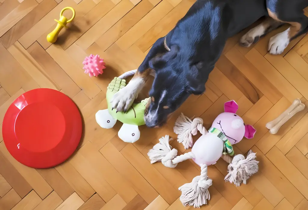 um cachorro no chão deitado brincando com brinquedos mastigáveis.