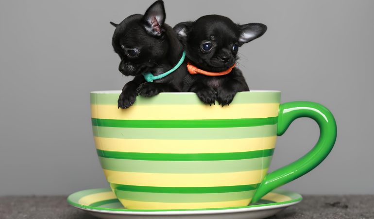 uma xícara em formato grande com dois cachorros da raça Chihuahua de Tamanho "Teacup" dentro para uma sessão de fotos.
