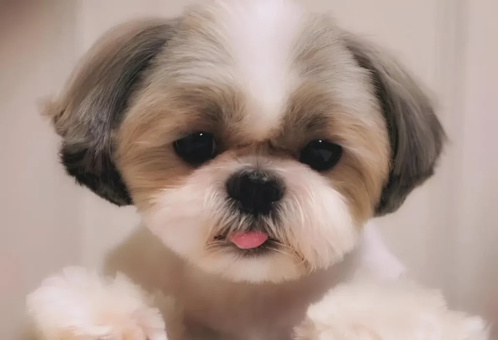 Um cachorro da raça Shih Tzu com a língua de fora.