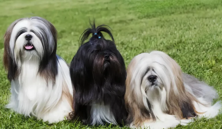 Três cachorros da raça lhasa apsoem um gramado.