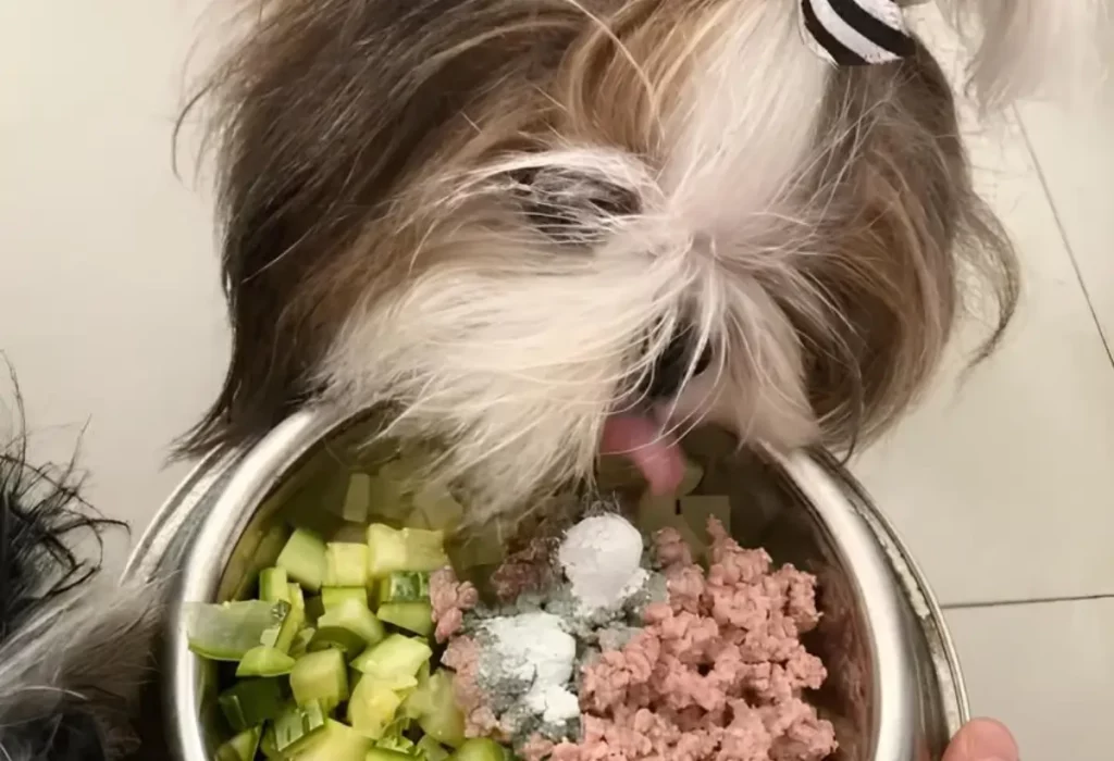 Um cachorro da raça Shih tzu comendo comidas naturais.