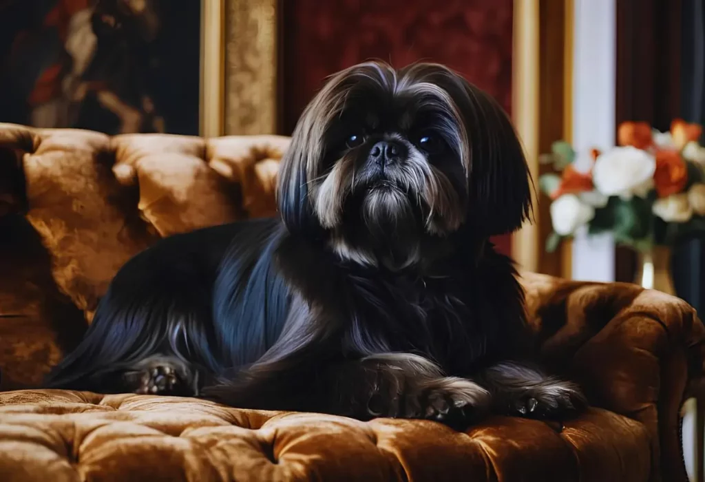 Um cachorro da raça lhasa apso na pelagem  preto sentado em um sofá.