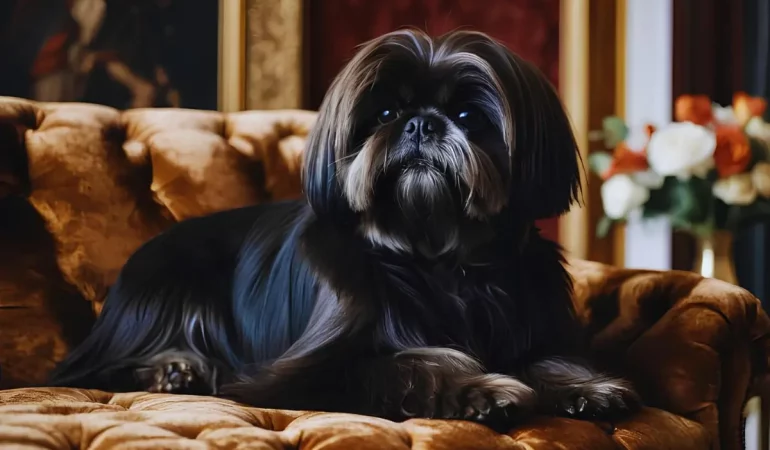 Um cachorro da raça lhasa apso na pelagem preto sentado em um sofá.
