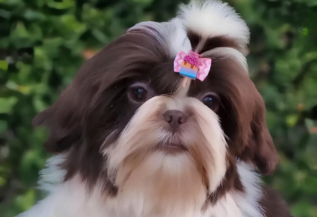 Uma cachorro da raça Shih Tzu na pelagem tricolor.